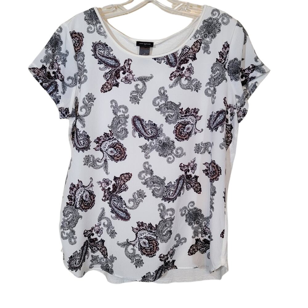 Ann Taylor Outlet Blouse Top Scoop Neck Short Sleeve Paisley Print White Medium